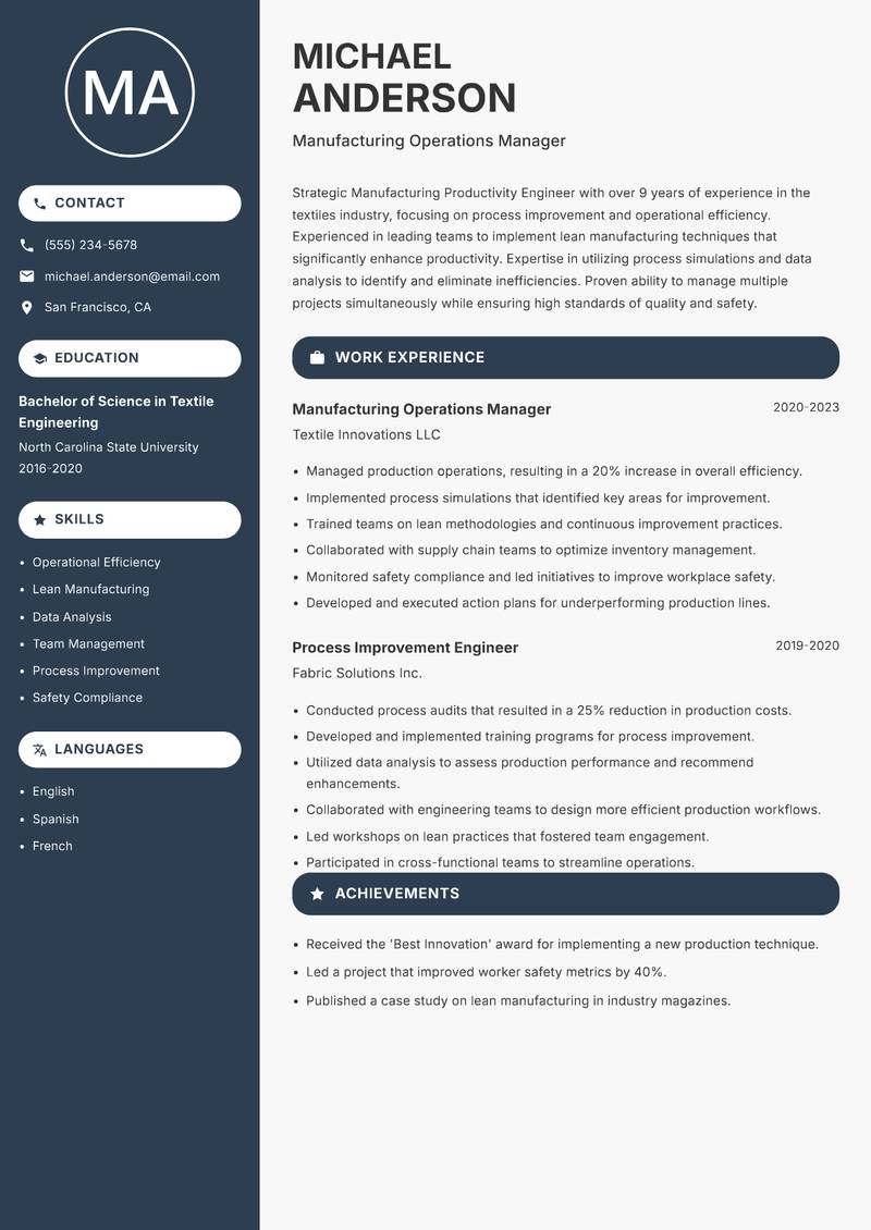 Manufacturing Productivity Engineer resume sample — Manufacturing Operations Manager focus