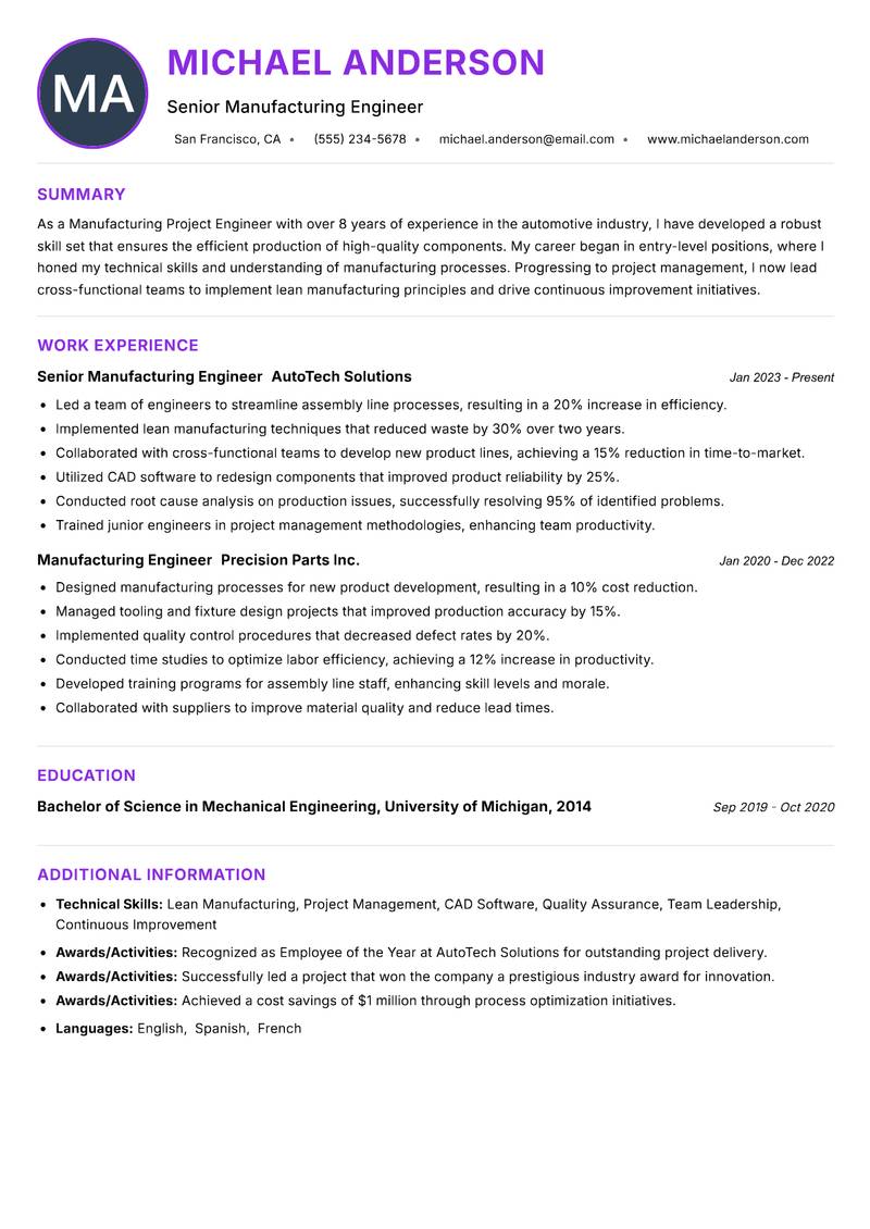 Manufacturing Project Engineer resume example