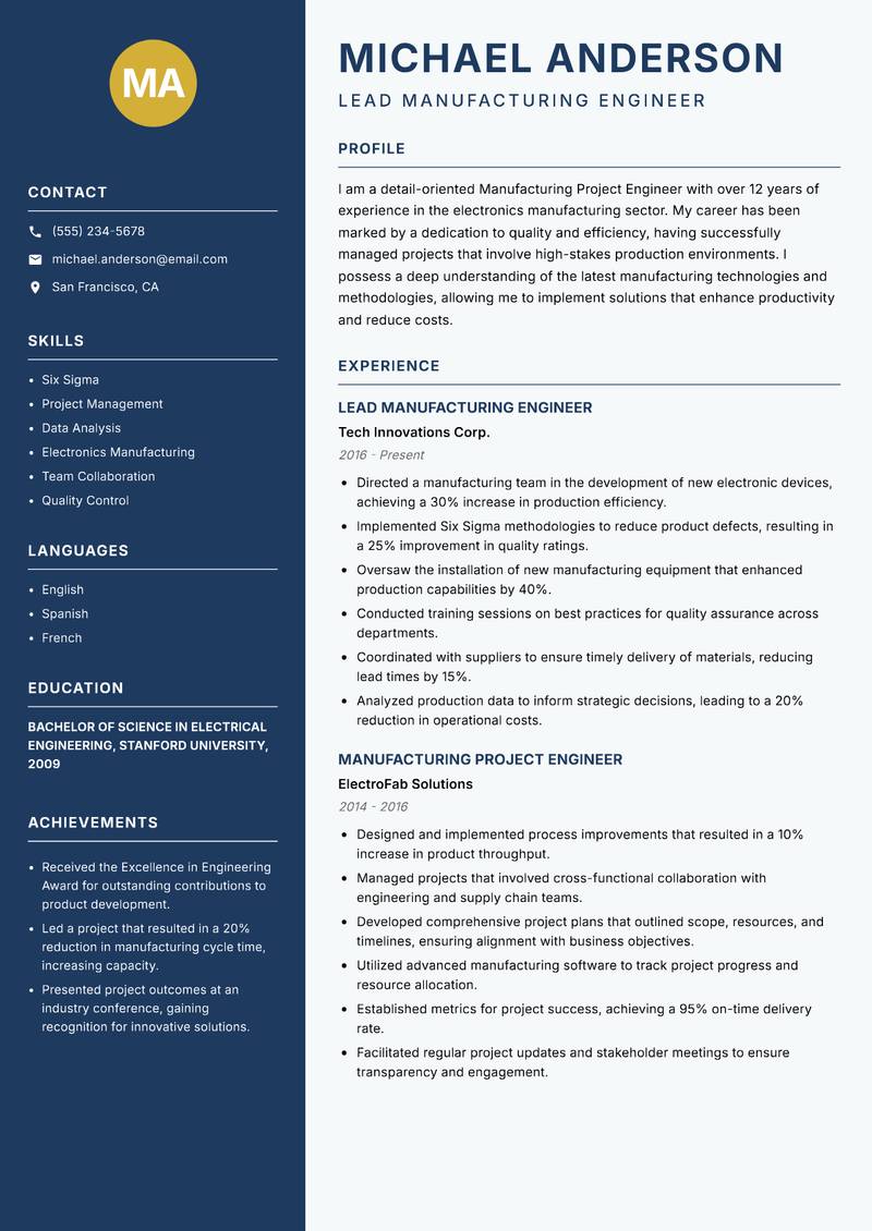 Manufacturing Project Engineer resume sample — Lead Manufacturing Engineer focus