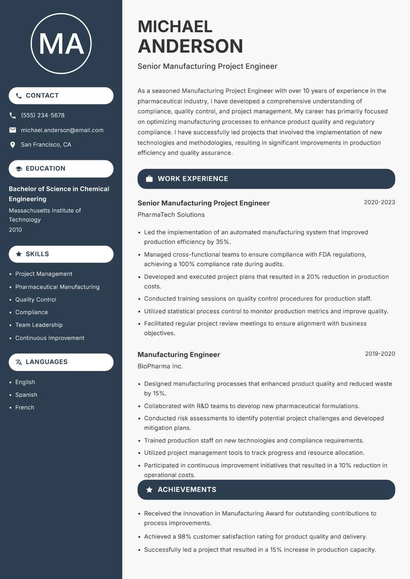 Manufacturing Project Engineer resume sample — Senior Manufacturing Project Engineer focus