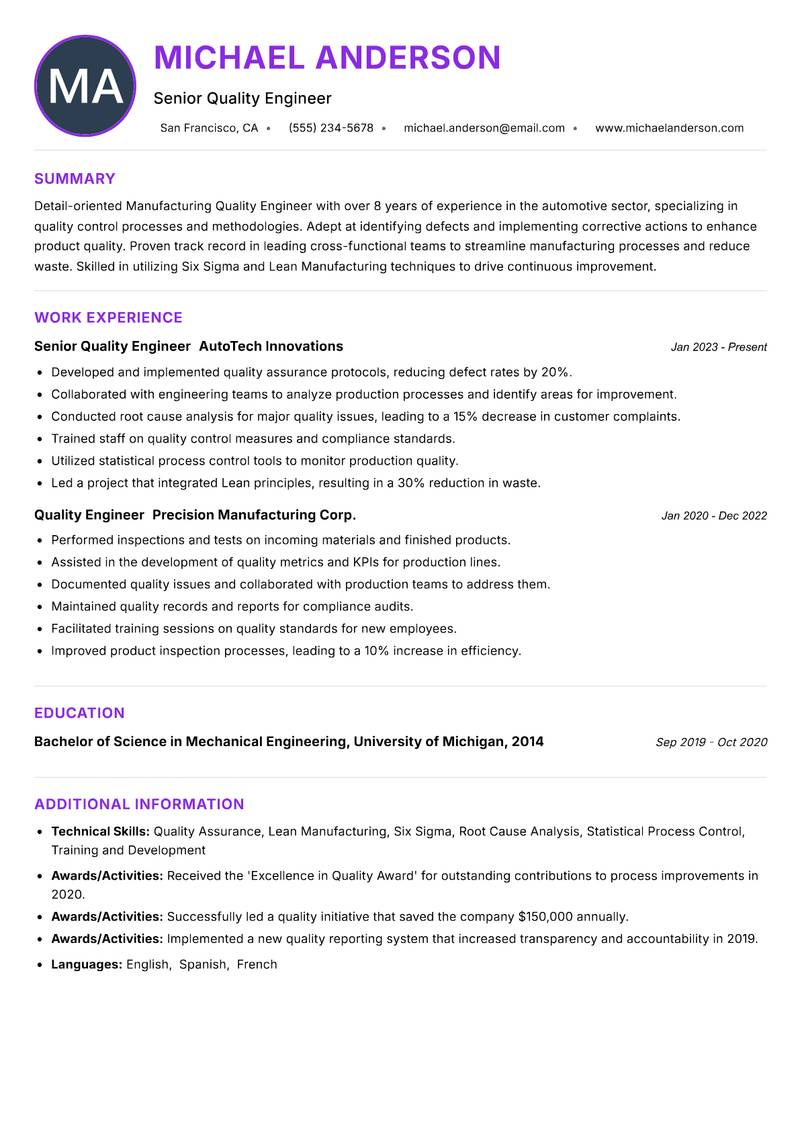 Manufacturing Quality Engineer resume example