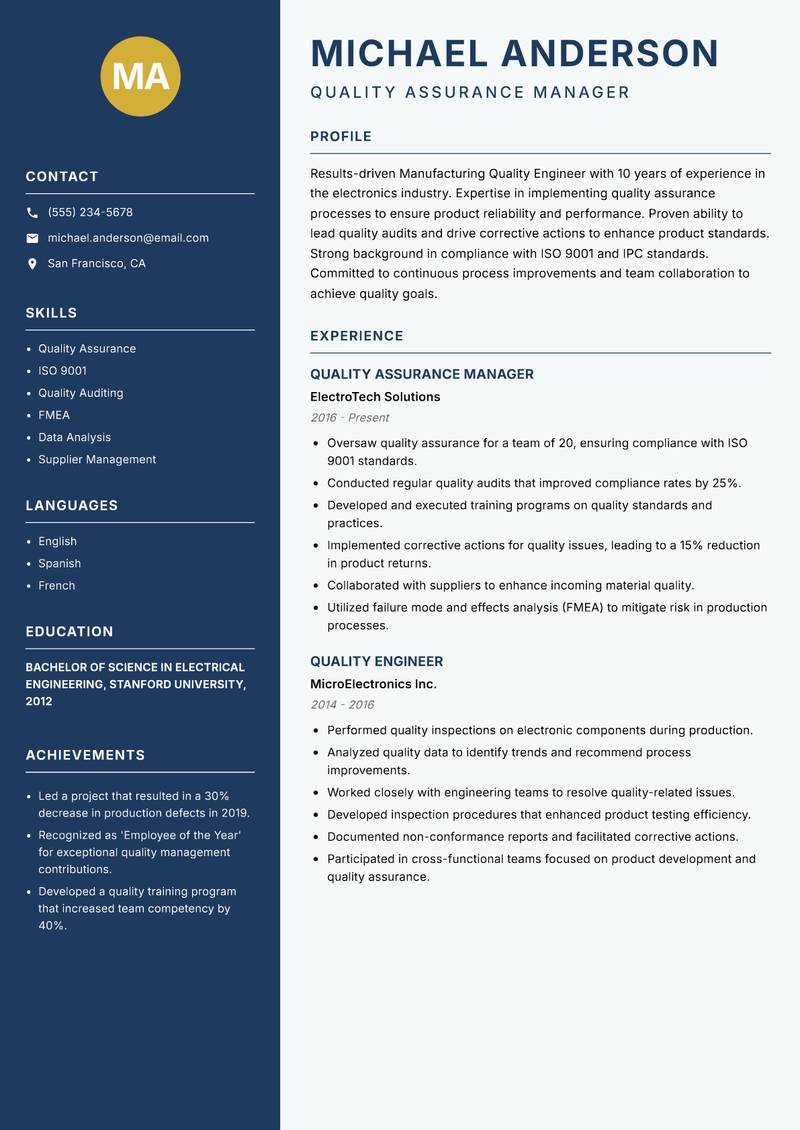 Manufacturing Quality Engineer resume sample — Quality Assurance Manager focus