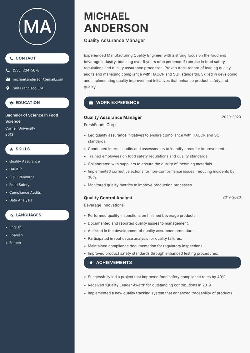 Manufacturing Quality Engineer resume sample — Quality Assurance Manager focus