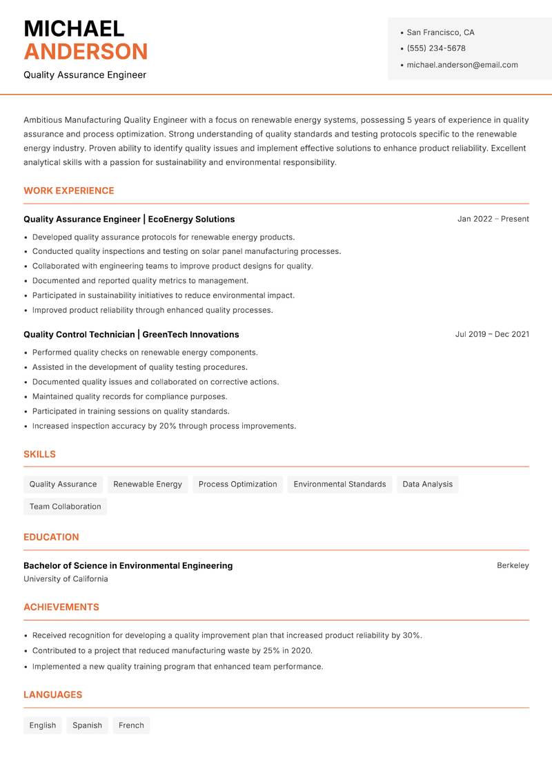 Manufacturing Quality Engineer resume sample — Quality Assurance Engineer focus