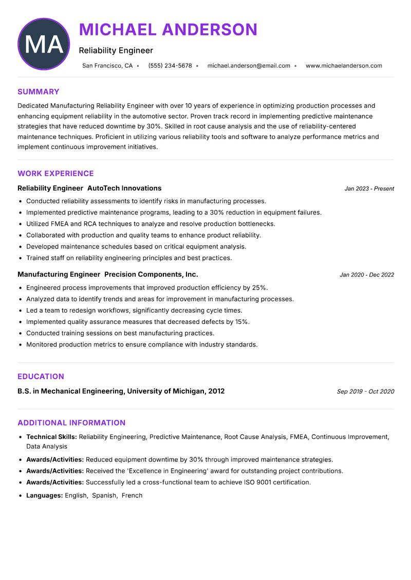 Manufacturing Reliability Engineer resume example