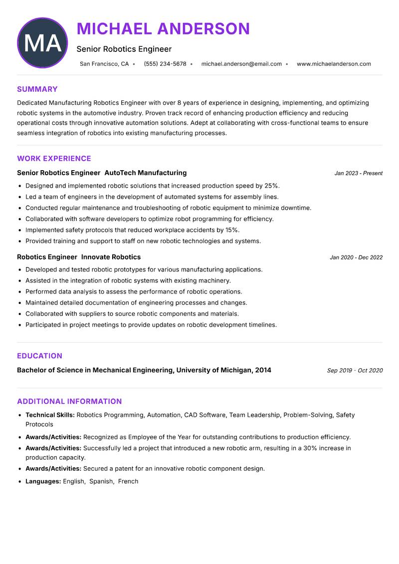 Manufacturing Robotics Engineer resume example