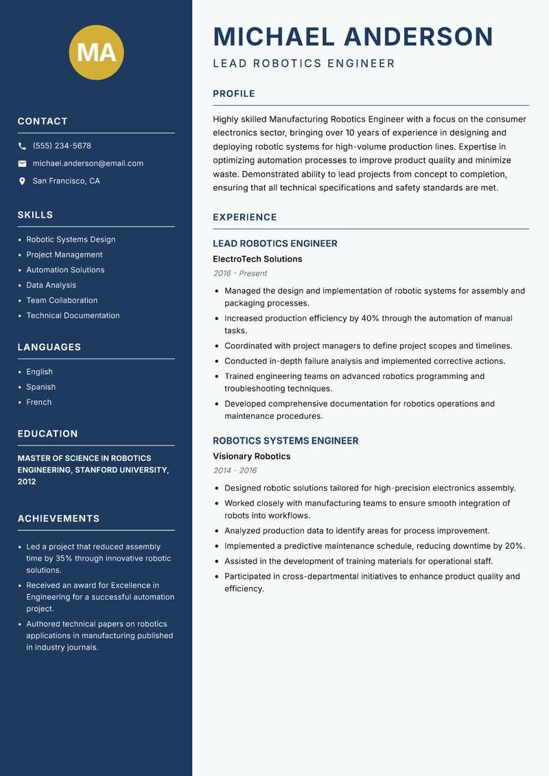 Manufacturing Robotics Engineer resume sample — Lead Robotics Engineer focus