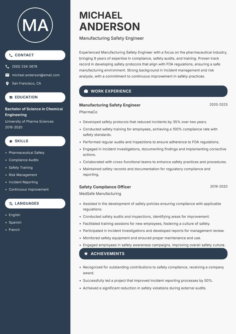 Manufacturing Safety Engineer resume sample — Manufacturing Safety Engineer focus