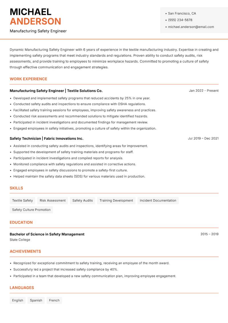Manufacturing Safety Engineer resume sample — Manufacturing Safety Engineer focus