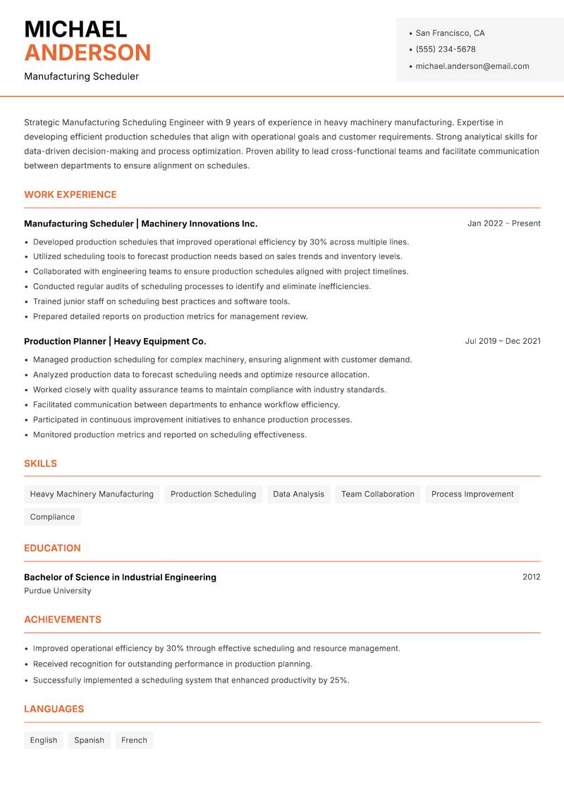 Manufacturing Scheduling Engineer resume sample — Manufacturing Scheduler focus