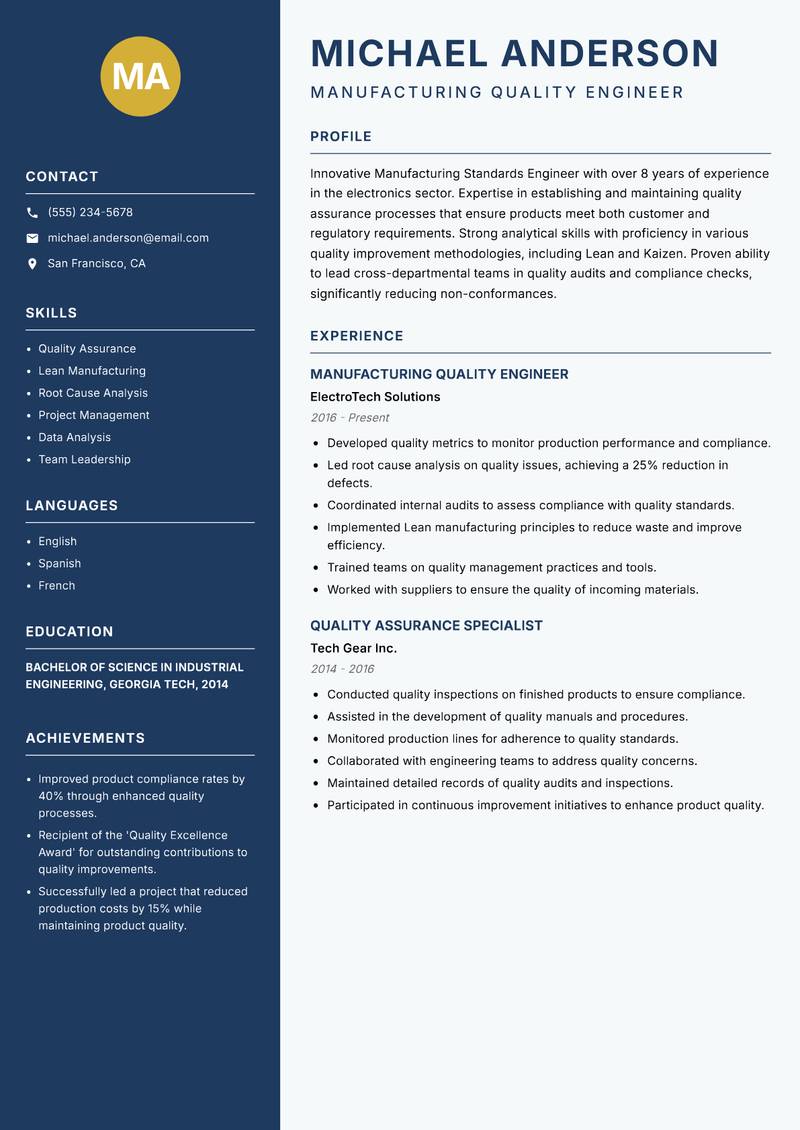 Manufacturing Standards Engineer resume sample — Manufacturing Quality Engineer focus