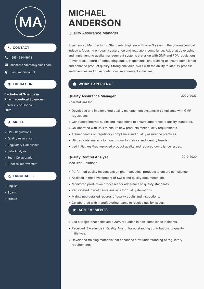 Manufacturing Standards Engineer resume sample — Quality Assurance Manager focus