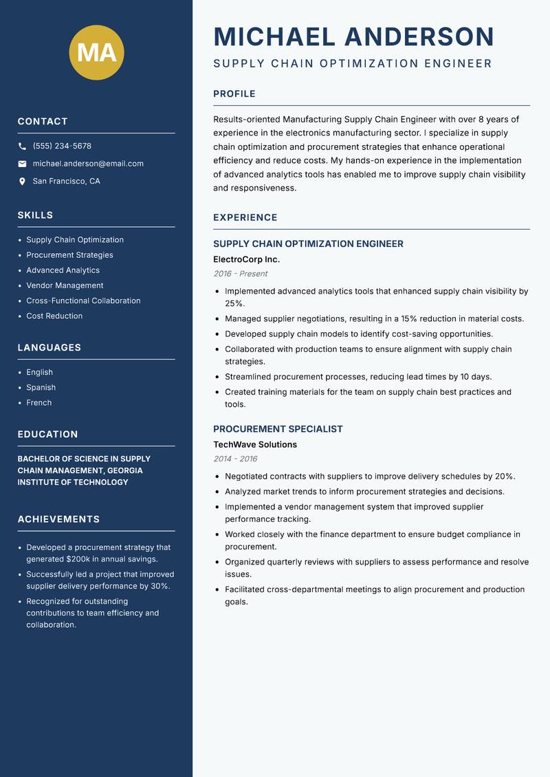 Manufacturing Supply Chain Engineer resume sample — Supply Chain Optimization Engineer focus
