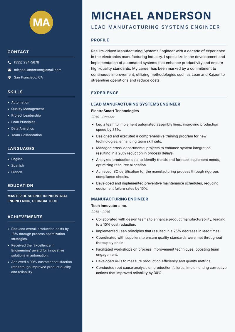 Manufacturing Systems Engineer resume sample — Lead Manufacturing Systems Engineer focus