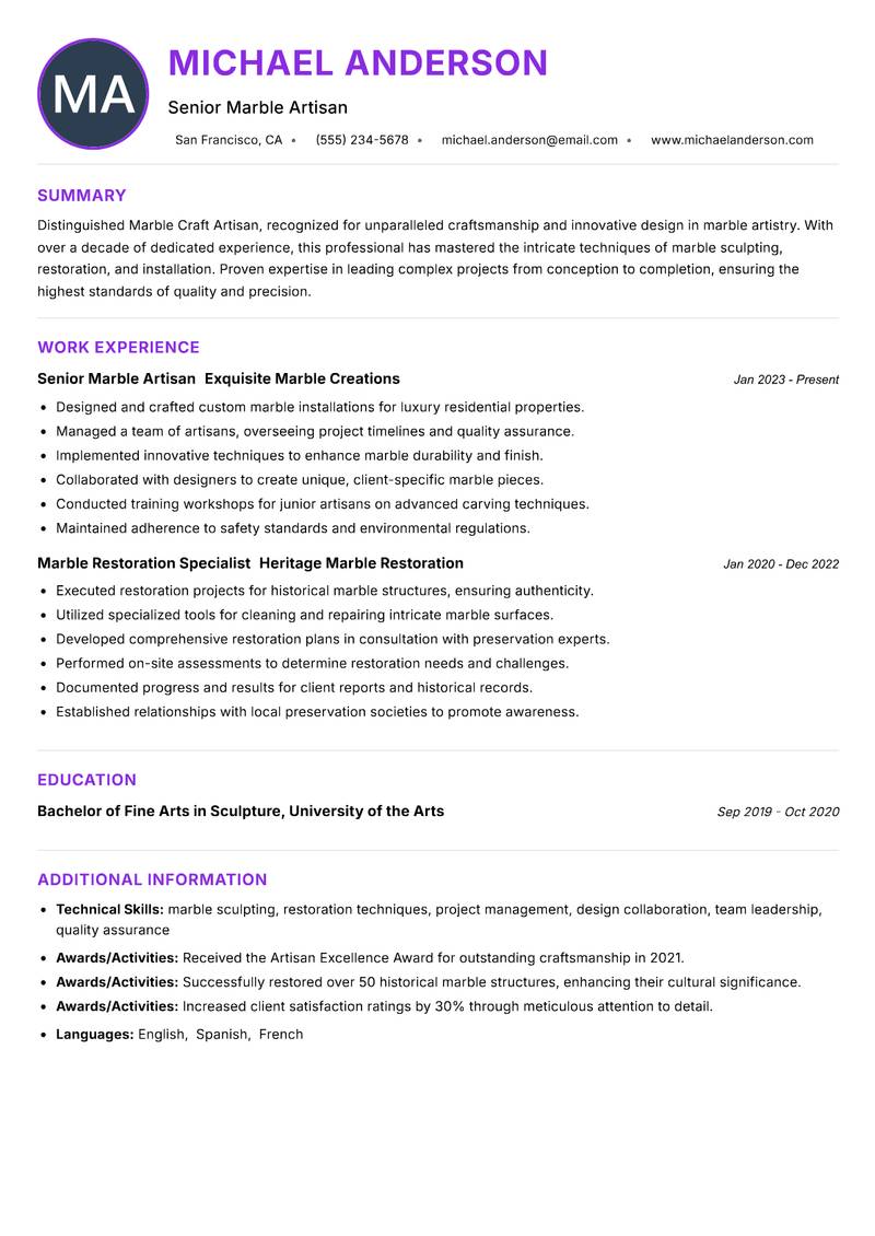 Marble Craft Artisan resume example