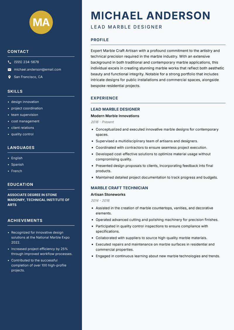Marble Craft Artisan resume sample — Lead Marble Designer focus