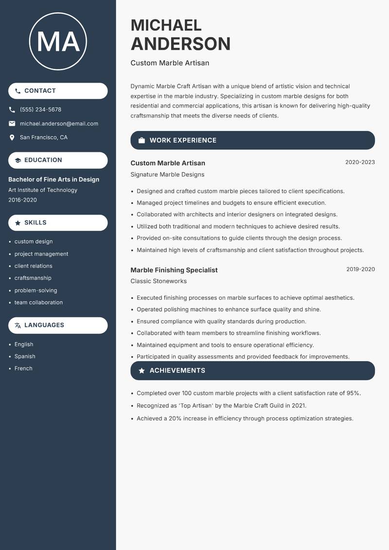 Marble Craft Artisan resume sample — Custom Marble Artisan focus