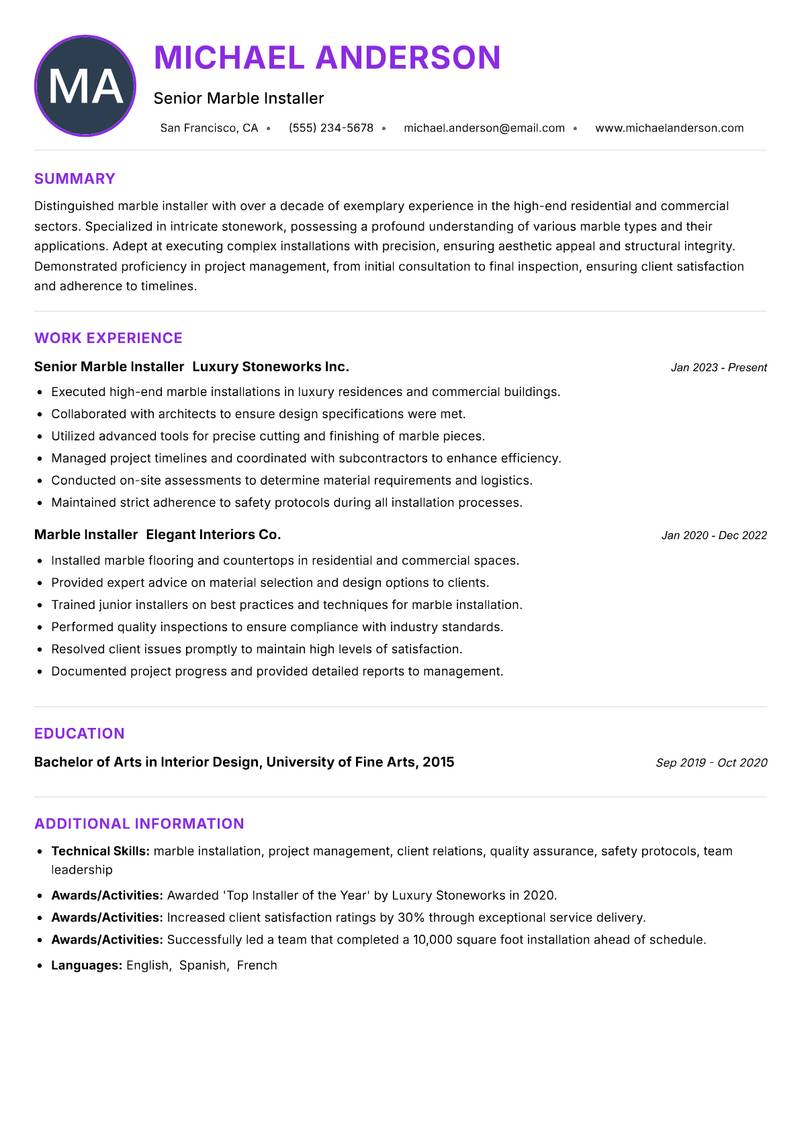 Marble Installer resume example