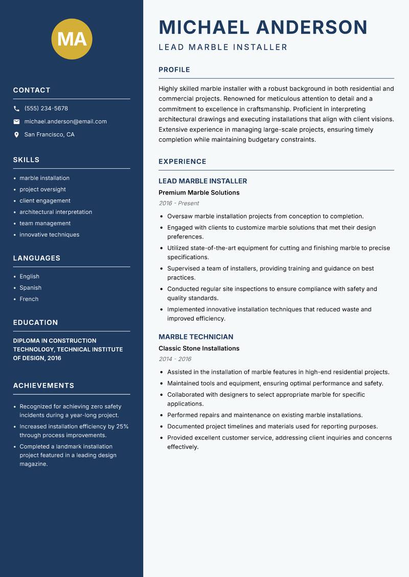 Marble Installer resume sample — Lead Marble Installer focus