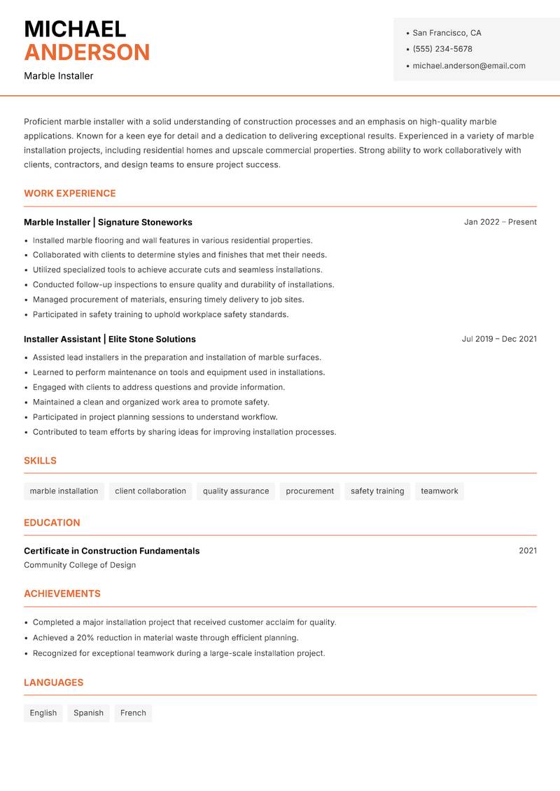 Marble Installer resume sample — Marble Installer focus