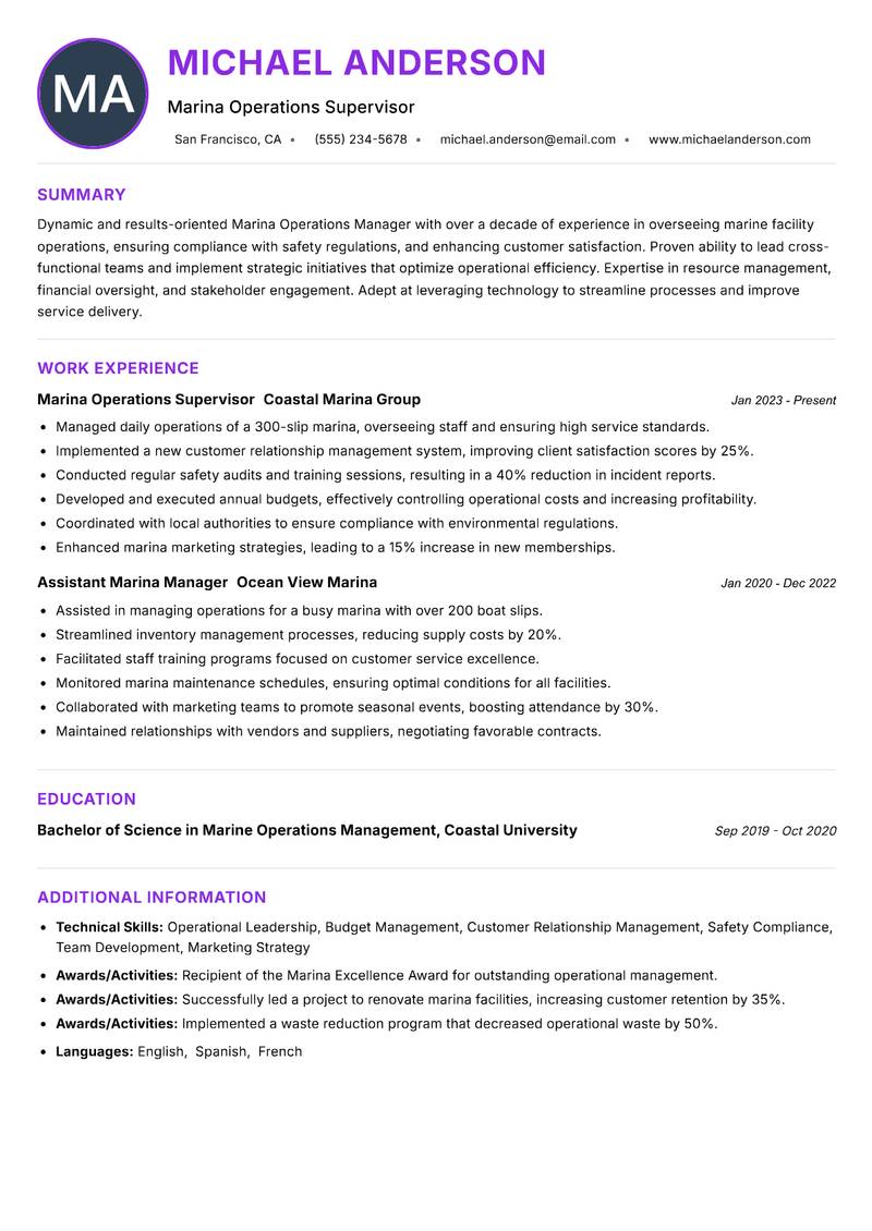 Marina Operations Manager resume example