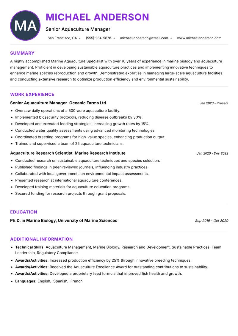 Marine Aquaculture Specialist resume example