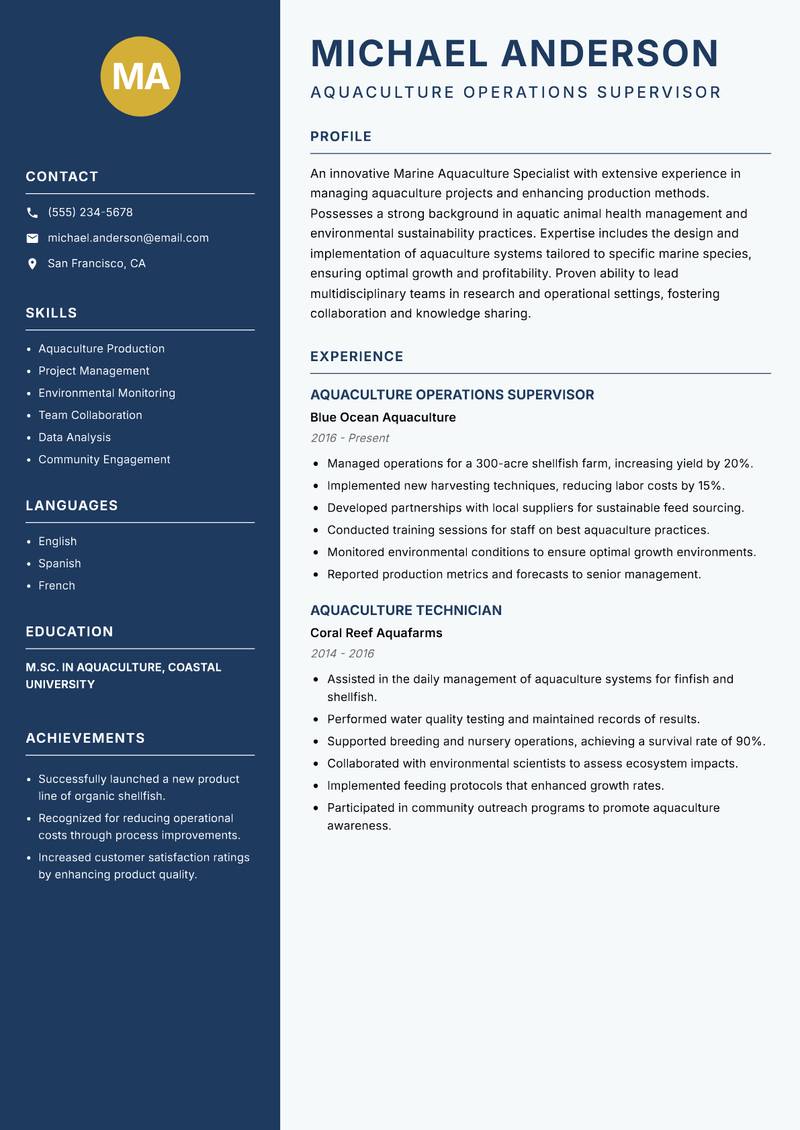 Marine Aquaculture Specialist resume sample — Aquaculture Operations Supervisor focus