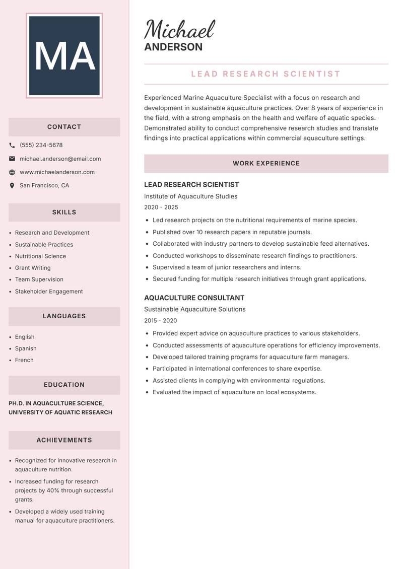Marine Aquaculture Specialist resume sample — Lead Research Scientist focus