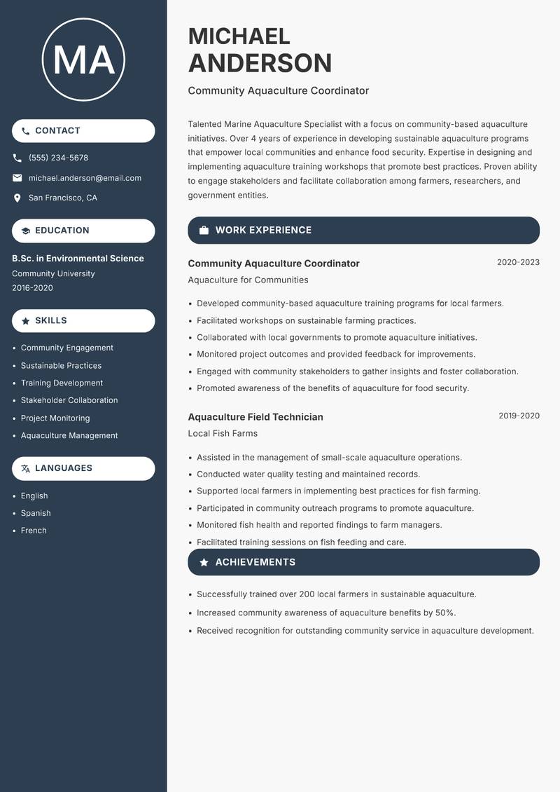 Marine Aquaculture Specialist resume sample — Community Aquaculture Coordinator focus