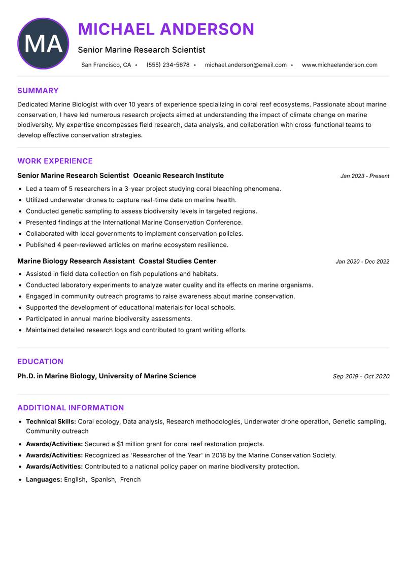 Marine Biologist resume example