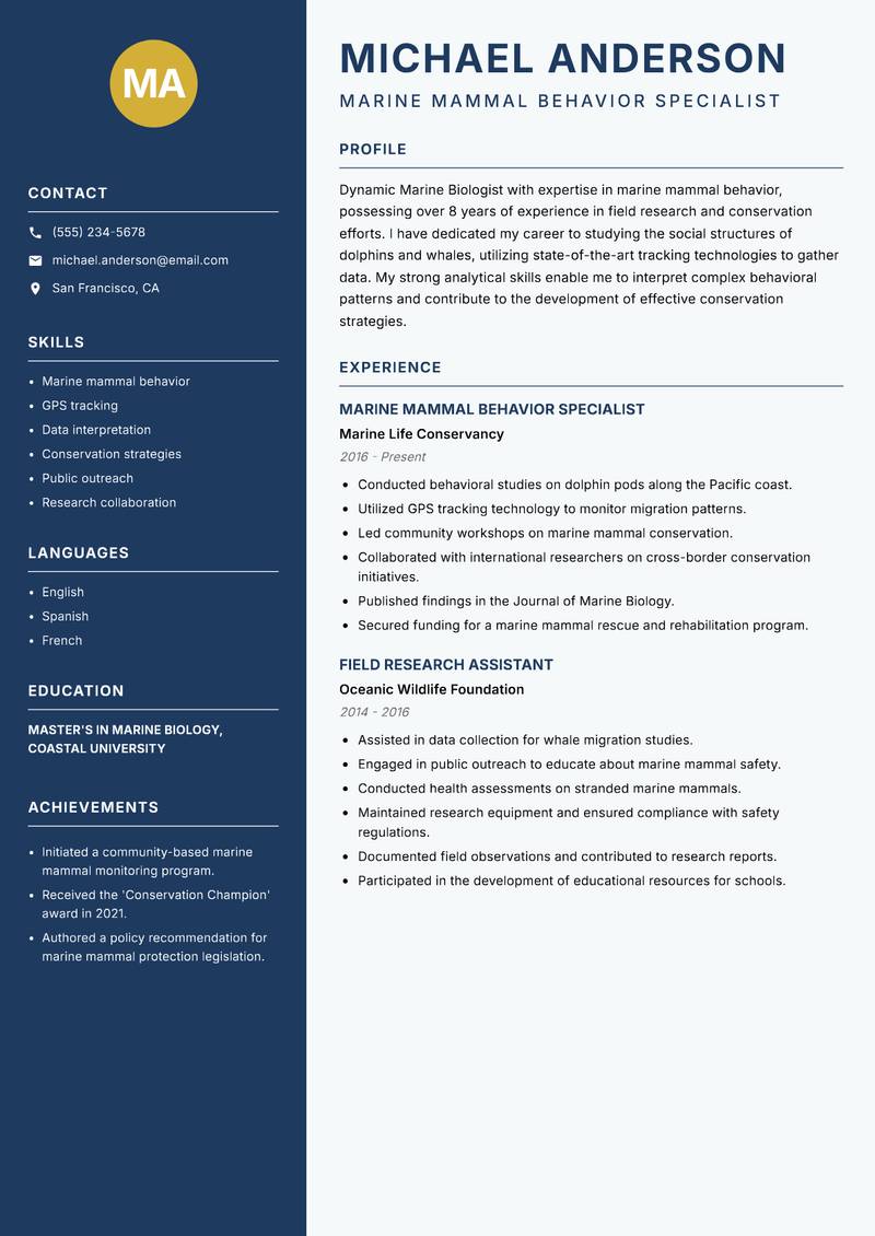 Marine Biologist resume sample — Marine Mammal Behavior Specialist focus