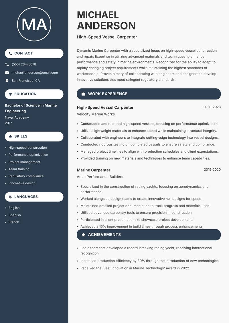 Marine Carpenter resume sample — High-Speed Vessel Carpenter focus