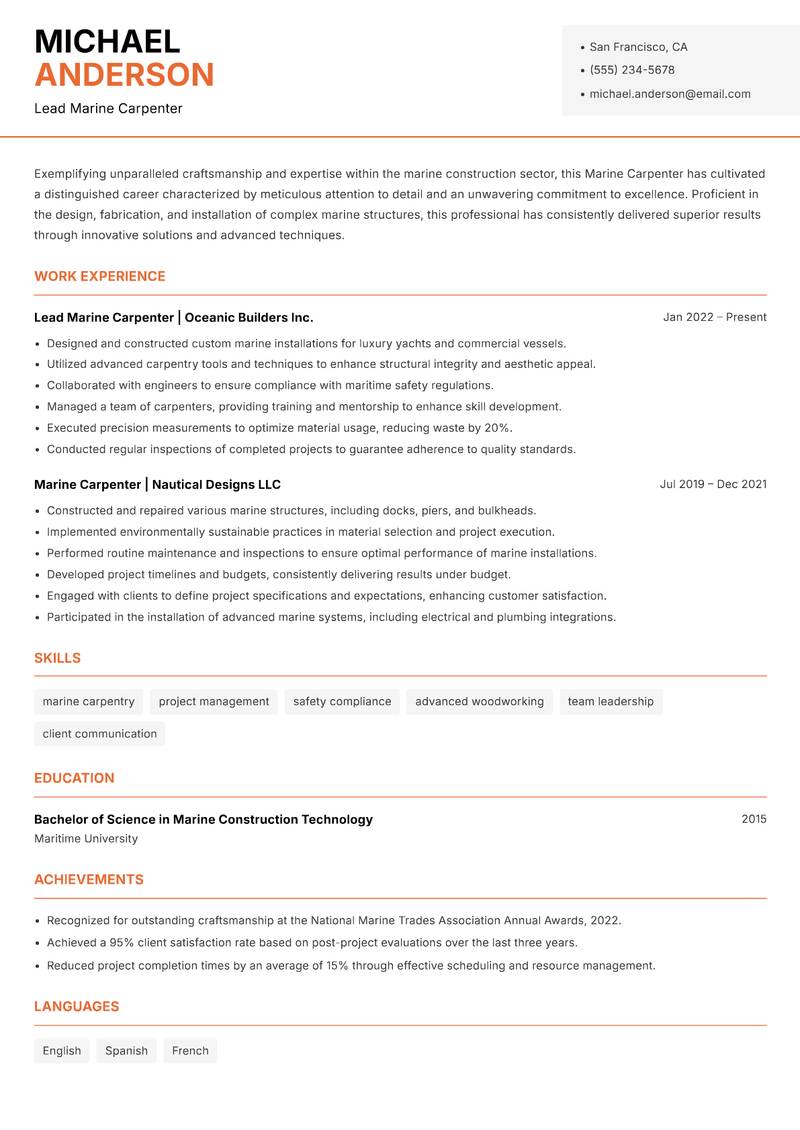 Marine Carpenter resume sample — Lead Marine Carpenter focus