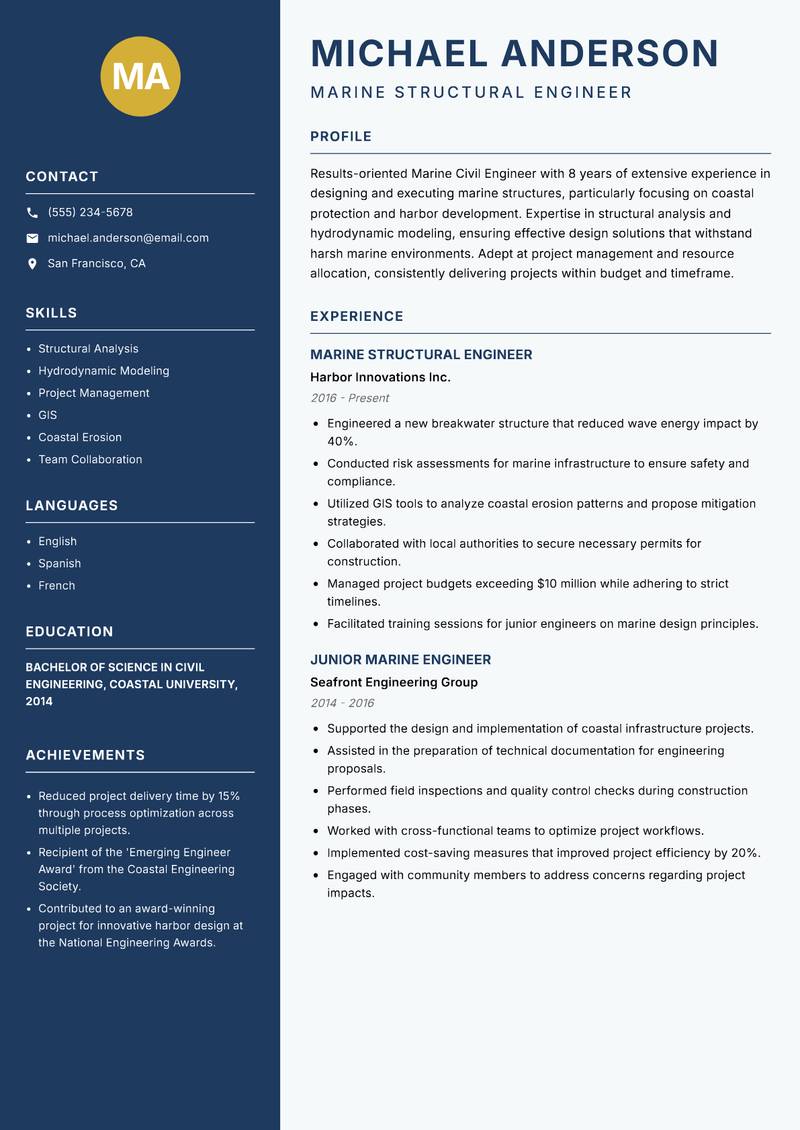 Marine Civil Engineer resume sample — Marine Structural Engineer focus