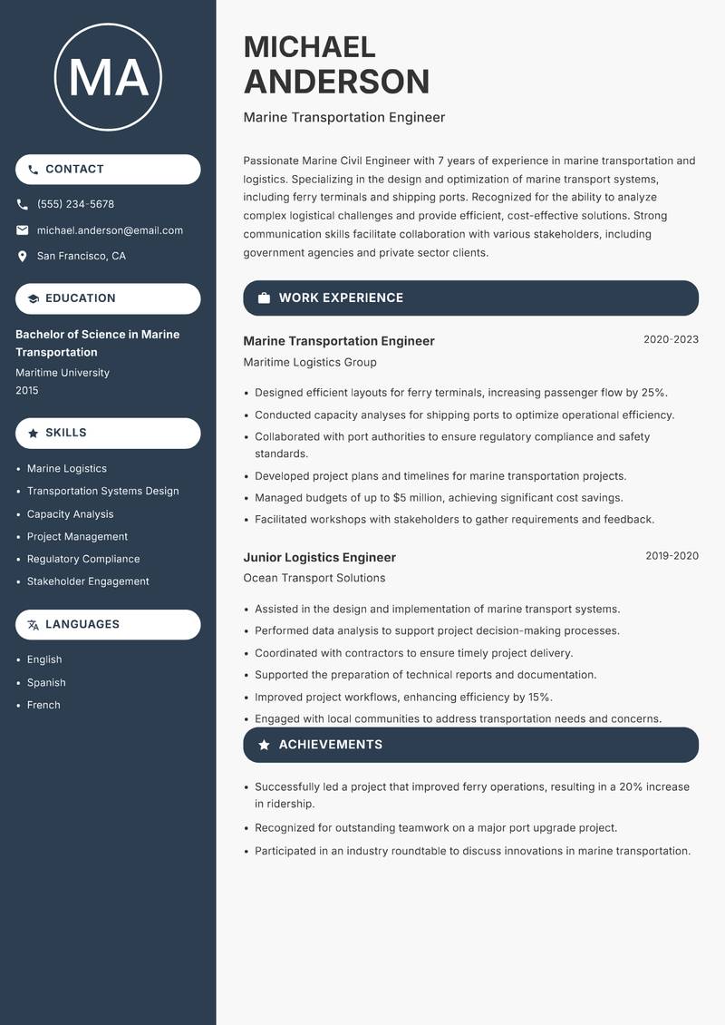 Marine Civil Engineer resume sample — Marine Transportation Engineer focus