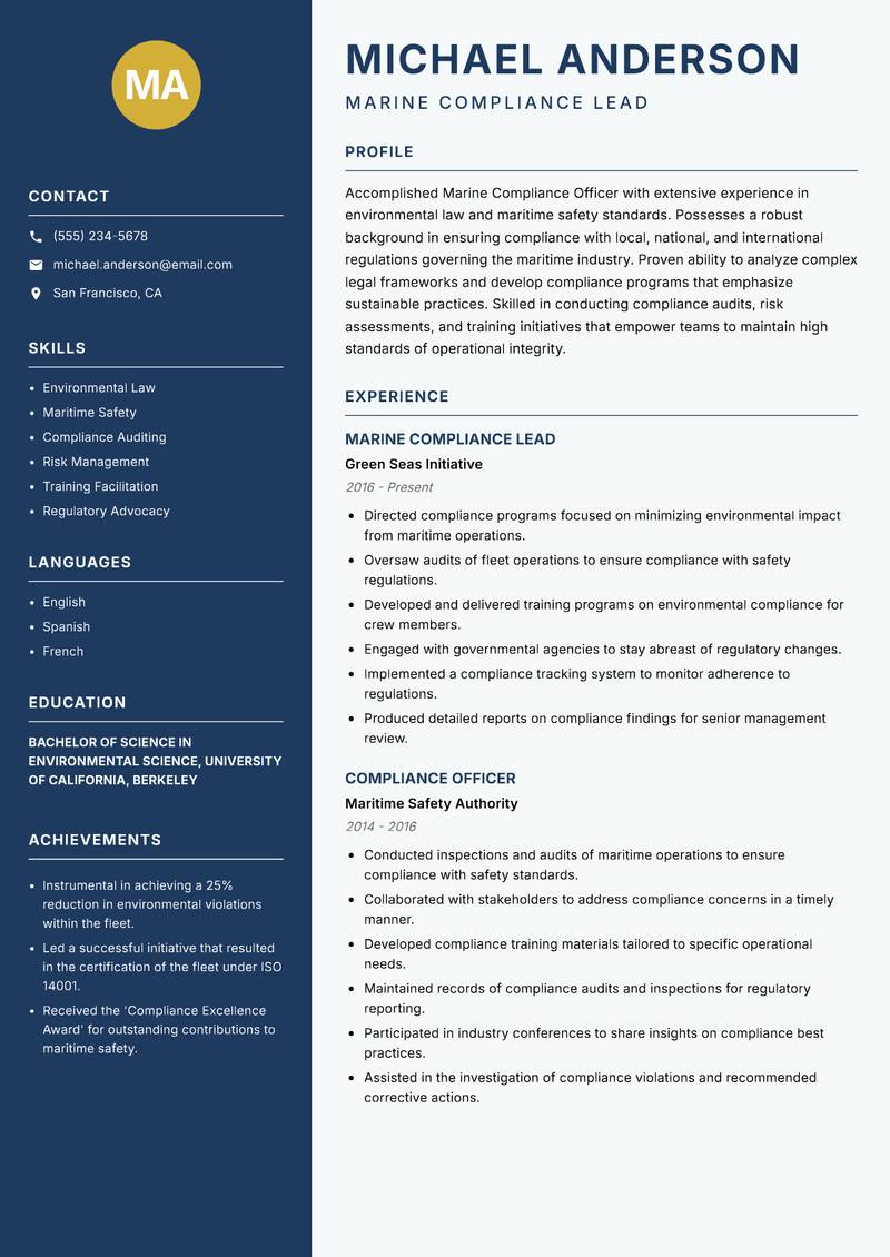 Marine Compliance Officer resume sample — Marine Compliance Lead focus