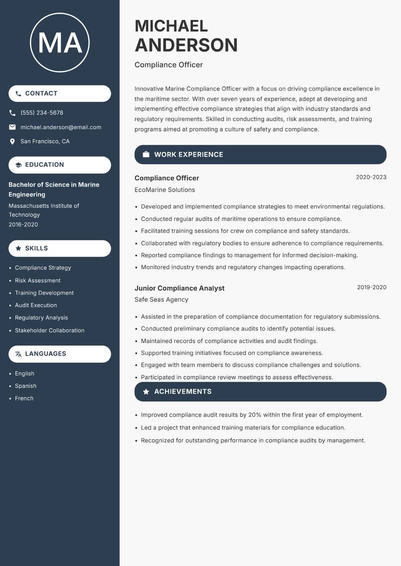 Marine Compliance Officer resume sample — Compliance Officer focus