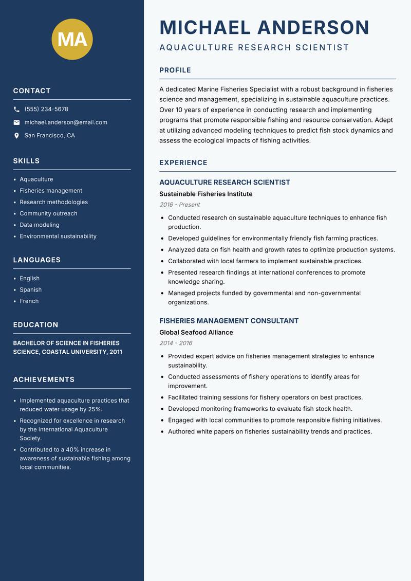 Marine Fisheries Specialist resume sample — Aquaculture Research Scientist focus