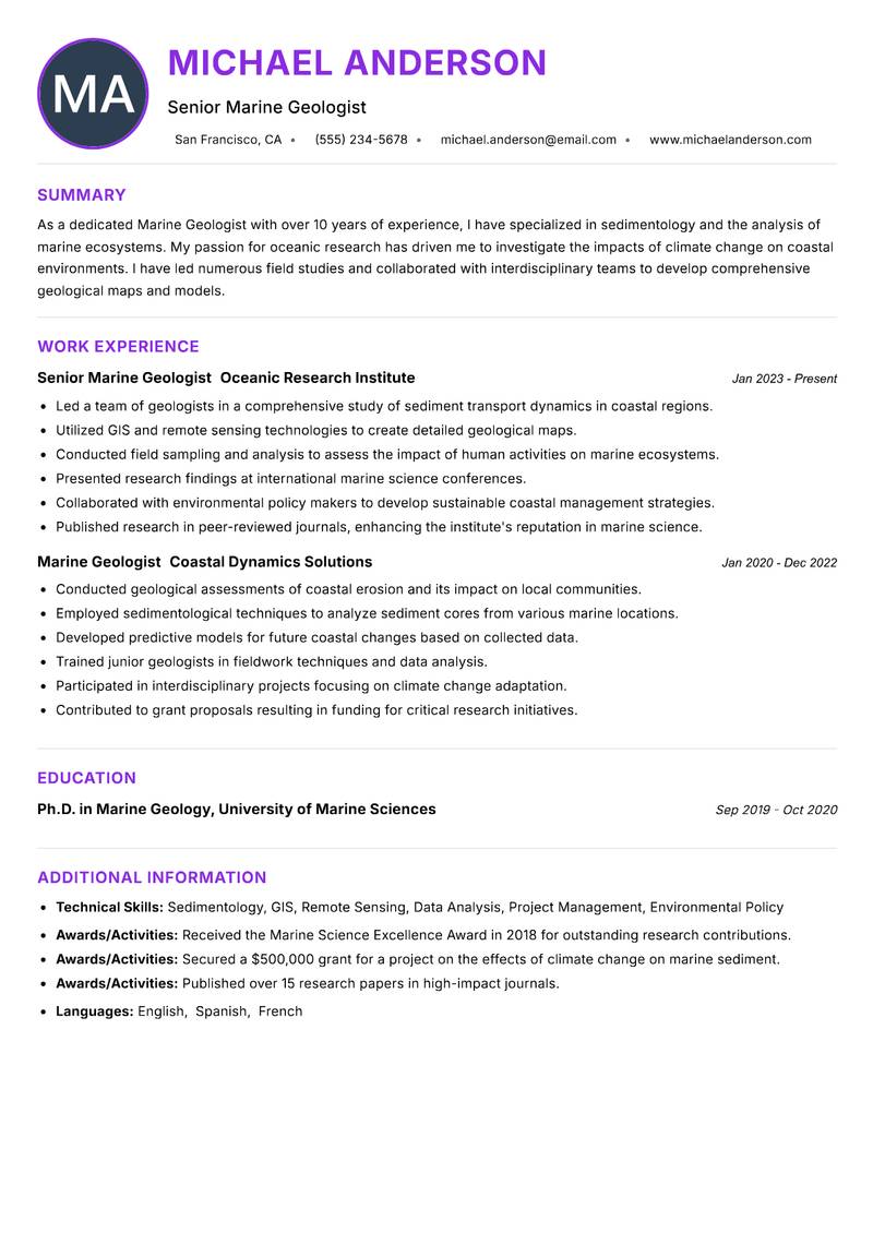 Marine Geologist resume example