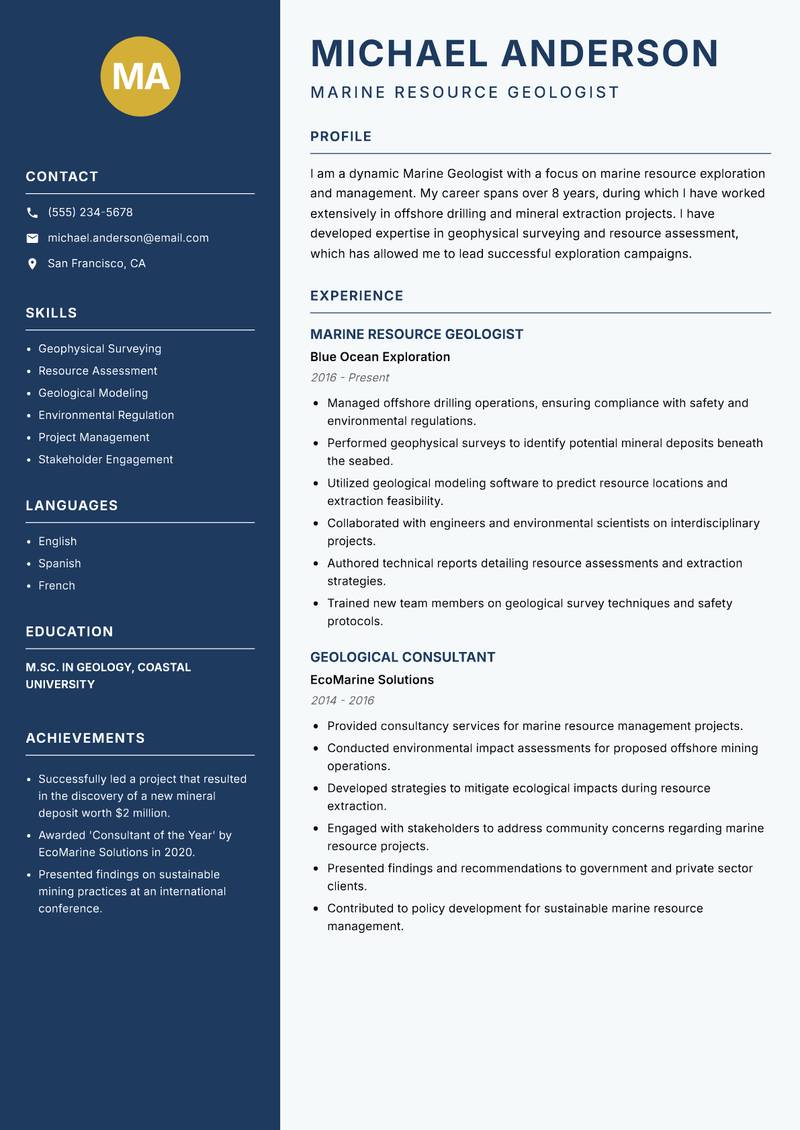 Marine Geologist resume sample — Marine Resource Geologist focus