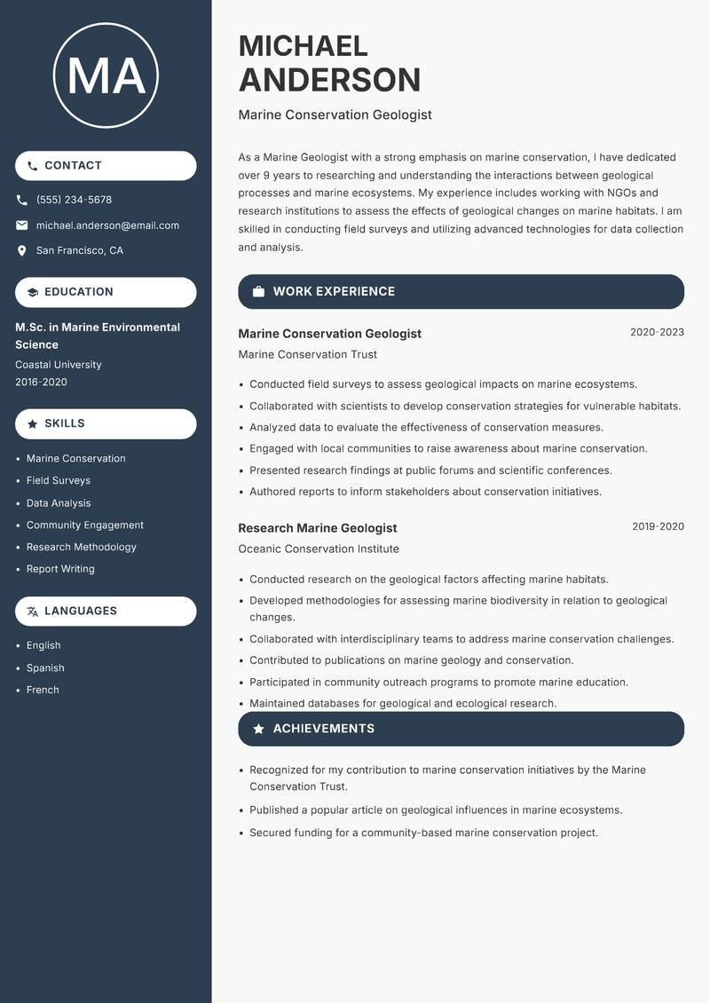 Marine Geologist resume sample — Marine Conservation Geologist focus
