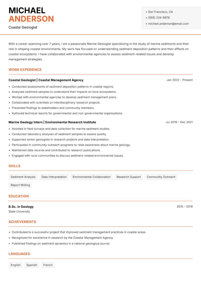 Marine Geologist resume sample — Coastal Geologist focus