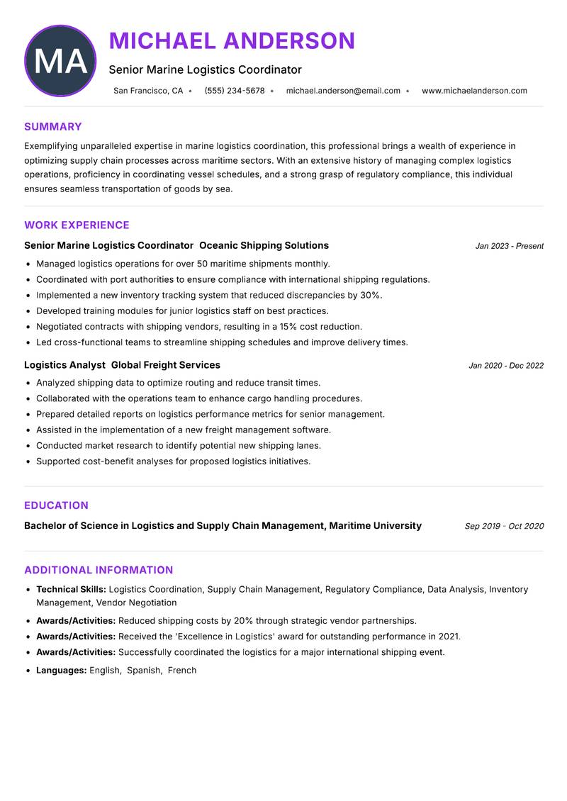 Marine Logistics Coordinator resume example