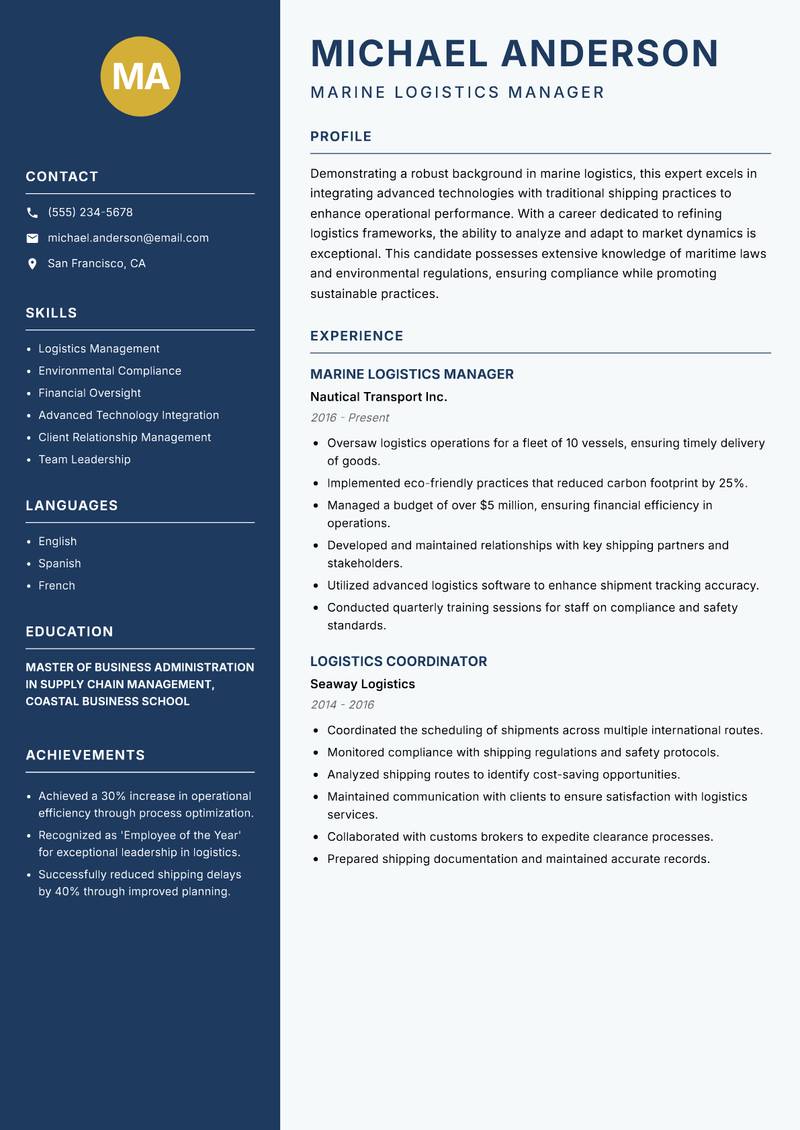 Marine Logistics Coordinator resume sample — Marine Logistics Manager focus