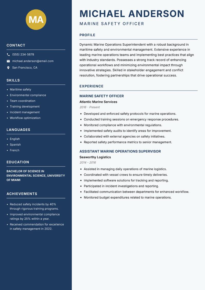 Marine Operations Superintendent resume sample — Marine Safety Officer focus