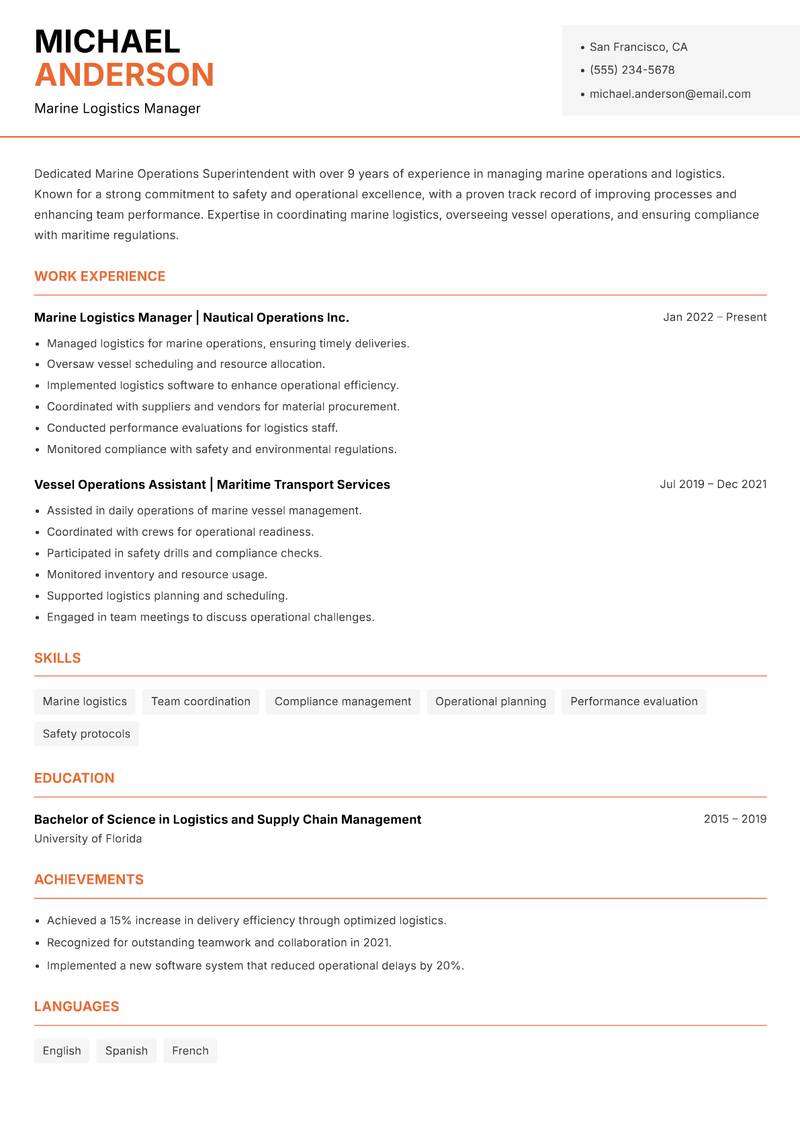 Marine Operations Superintendent resume sample — Marine Logistics Manager focus