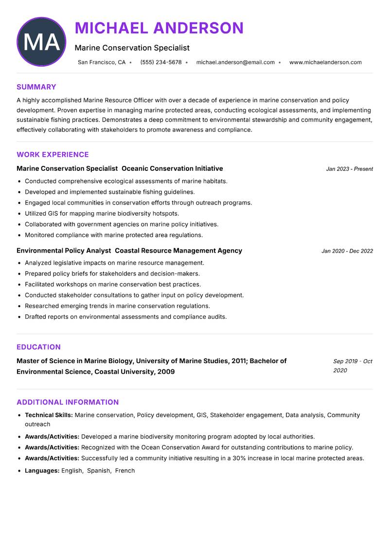 Marine Resource Officer resume example