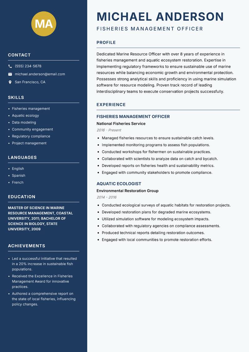 Marine Resource Officer resume sample — Fisheries Management Officer focus