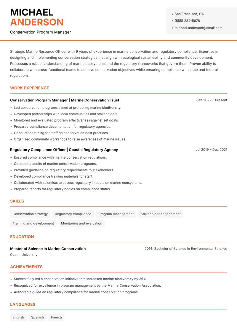 Marine Resource Officer resume sample — Conservation Program Manager focus