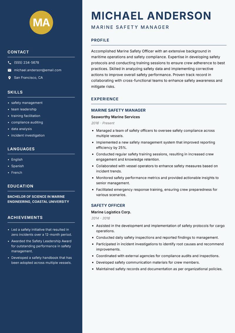 Marine Safety Officer resume sample — Marine Safety Manager focus